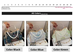 Detail of vintage beaded handbag featuring floral embroidery and pearl chain straps