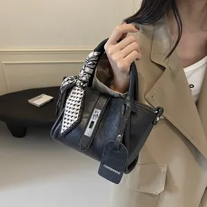 Women Stylish PU Leather Tote Bag Scarf Handle Metal Lock Crossbody Bucket Bag Daily Commuting Fashion Handbag