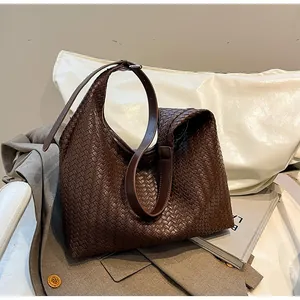 Women Vintage Woven PU Leather Large Capacity Shoulder Bag Retro Commuter Tote Hobo Bag Casual Daily Work Bag