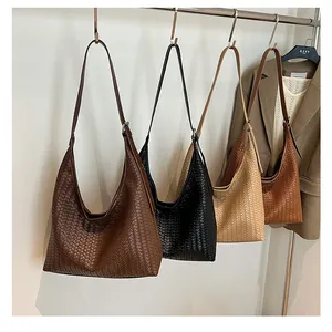 Retro woven shoulder tote bags for women in brown, black, and beige colors