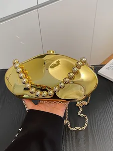 Lussuosa Borsa da Sera Irregolare a Specchio Metallico per Donna Oro Argento Acrilico Pochette da Festa a Tracolla con Catena