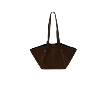 Minimalist brown suede tote bag with large capacity and elegant folding structure