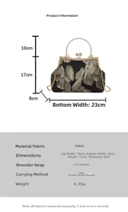 Vue détaillée du sac brodé rétro avec dimensions et fermoir perle spécification