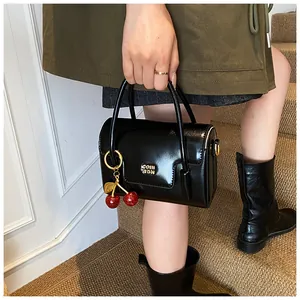 Vintage Patent Leather Small Square Bag For Women Glossy PU Crossbody Bag With Cherry Pendant Shoulder Bag Top Handle Party Handbag