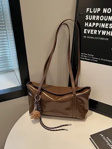 Women Vintage Glossy PU Leather Underarm Shoulder Bag Large Capacity Rectangular Tote Bag With Sporty Baseball Pendant