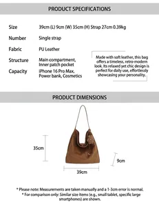 Guía de tallas de bolso tote marrón de cuero PU, 39x9x35 cm, con detalles de su capacidad