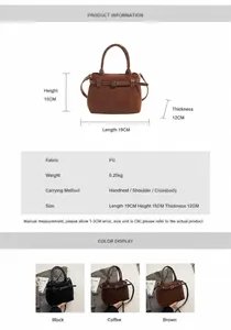 Size chart showing 19cm length, 15cm height, 12cm thickness of vintage PU bucket bag