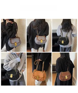Multiple views showing fashion saddle bag styles with pleated embroidery and chain straps