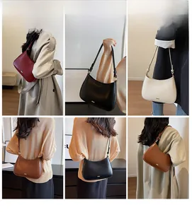 Collage of four minimalist leather underarm bags in red, black, beige, and brown colors