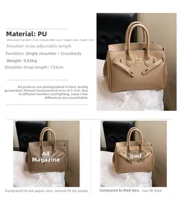 Detaillierte Maße der khakifarbenen PU-Leder-Handtasche mit Kapazitätsangaben für das iPad