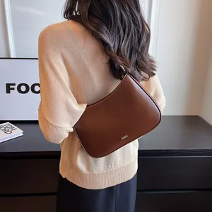 Women PU Leather Underarm Bag Fashion Retro Half Moon Hobo Bag With Chain Adjustable Strap Solid Color Commuter Handbag