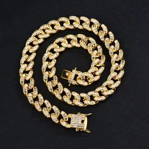Collier cubain 15mm doré avec zircons baguettes et fermoir box style hip-hop