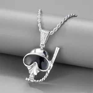 Punk style diving mask pendant necklace with shimmering crystals and a twist chain