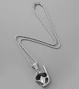 Punk hip hop pendant necklace with diamond diving helmet and skull in silver finish