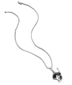 Punk style silver rope chain necklace with a black heart pendant and sparkling crystals