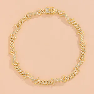 Collier Mailles Gourmette Hip Hop Iced Out Design Fil de Fer Barbelé Alliage de Zinc Strass Bijoux Streetwear Unisexe