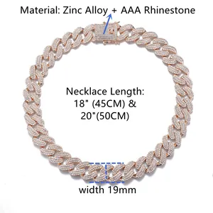 Macro view of 19mm rose gold Cuban link necklace with AAA rhinestones and buckle detail