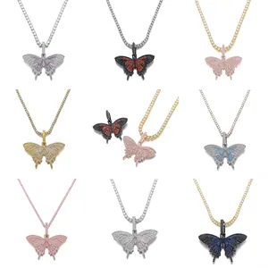 Collana con Ciondolo a Farfalla in Lega di Zirconia Hiphop per Uomo Donna Ciondolo Farfalla Iced Out Catena Tennis Gioielli