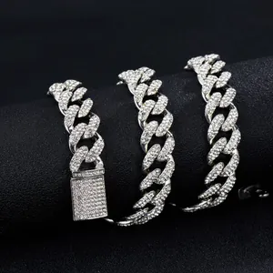 15mm silver color iced out cuban link chain with sparkling rhinestones for men