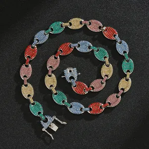 Close-up of hip hop multi-colored iced out necklace with cubic zirconia link and box clasp