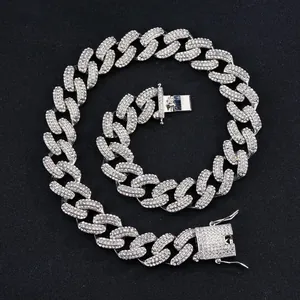 Chunky 19mm silver iced-out Cuban link chain with square box clasp for hip hop style