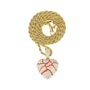 Collier hip-hop avec pendentif cœur brisé serti de strass et chaîne de corde dorée