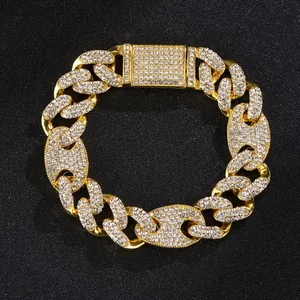 15mm vergoldete kubanische Kette mit Strasssteinen und Hip-Hop-Verschluss für Herren