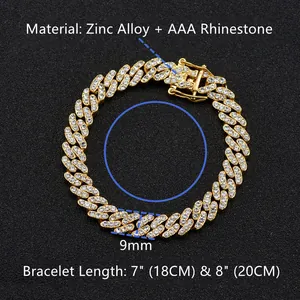 Détail macro du bracelet cubain plaqué or 9mm avec strass AAA et alliage de zinc poli