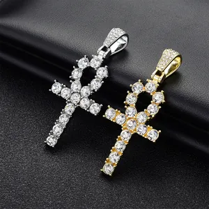 Collier Pendentif Croix Ankh Hip Hop pour Hommes Femmes Strass Étincelants Clé de Vie Égyptienne Chaîne en Alliage Bijoux