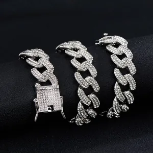 19mm iced out silver Cuban link chain necklace with sparkling rhinestones in hip hop style
