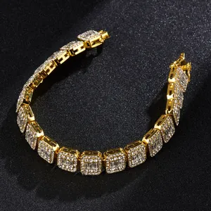 Bracelet cubain plaqué or style hip hop avec diamants baguettes pour homme à la mode