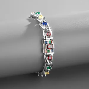 Collana a catena cubana argento con zirconi multicolore e chiusura rettangolare
