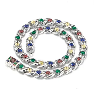 Collana a maglia cubana d'argento con zirconi arcobaleno e marchio di garanzia argento 925