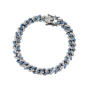 Silver Cuban link bracelet with iced out blue and white diamonds for hiphop style