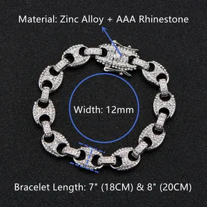 Detail of 12mm silver iced out coffee bean link chain made of zinc alloy and AAA rhinestones