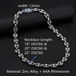Detail of 12mm silver hip hop coffee bean link chain with AAA rhinestones and size labels
