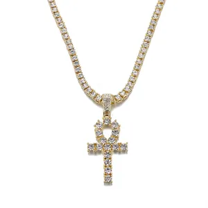 Pendentif clé Ankh en or glacé avec collier tennis scintillant pour hommes et femmes