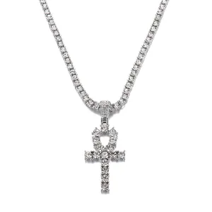 Collier pendentif croix d'Ankh en argent avec chaîne tennis et pierres transparentes
