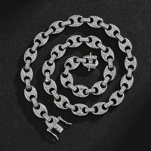 Close-up of hip-hop silver coffee bean necklace with pavé set white rhinestones