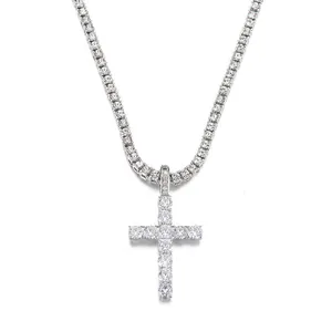 Iced out mini zircon cross pendant with sparkling single row tennis chain for hip hop style