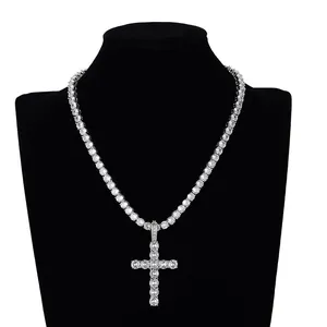 Hip hop mini zircon cross pendant with silver tennis chain necklace for men and women