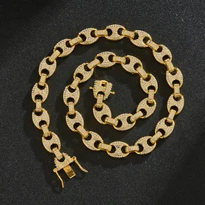 Hip hop iced out coffee bean mariner link necklace with gold plating and paved crystals