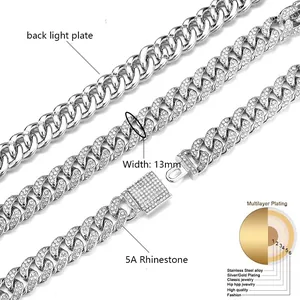 Chaîne cubaine 13mm sertie de strass 5A de style hip hop pour hommes