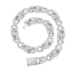 Macro detail of 15mm luminous rhinestone Cuban link necklace with coffee bean design