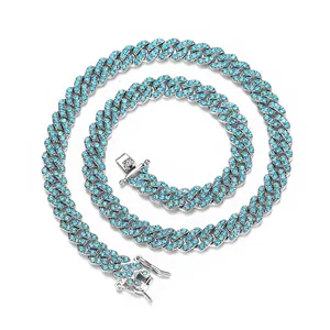 Hip Hop Panzerkette Halskette Armband Legierung Iced Out Hellblau Strass Kette Für Herren Damen Streetwear Party Schmuck