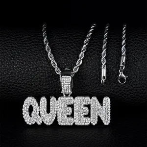Hiphop Iced Out Queen Letter Pendant Necklace Gold Silver Plated Zinc Alloy Rhinestone Rope Tennis Cuban Link Chain Streetwear Jewelry
