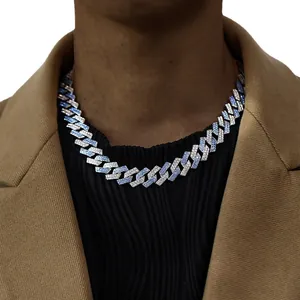 Collana Miami Cuban da 15mm in stile hip-hop con cristalli bicolore blu e bianchi pavé