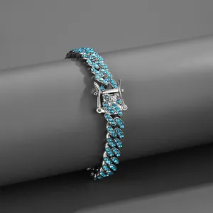 Silbernes 9mm Herren-Cuban-Armband mit funkelnden hellblauen Strasssteinen