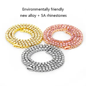 Detail of eco-friendly alloy tennis chains with 5A rhinestones in gold and silver