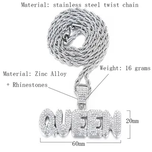 Hip hop style QUEEN pendant necklace with full rhinestones on stainless steel twist chain